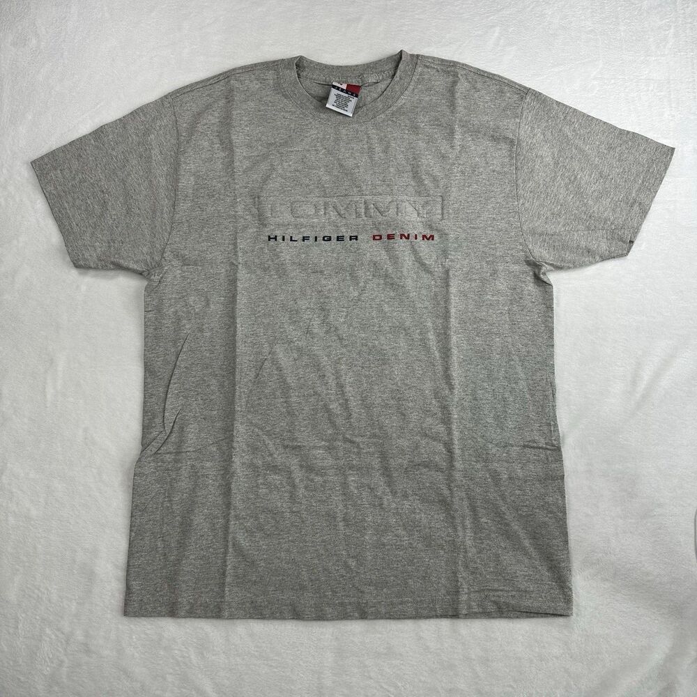 Vintage Tommy Hilfiger Denim T Shirt Mens M Gray Spell Out Logo Classic 90s‎ Y2K